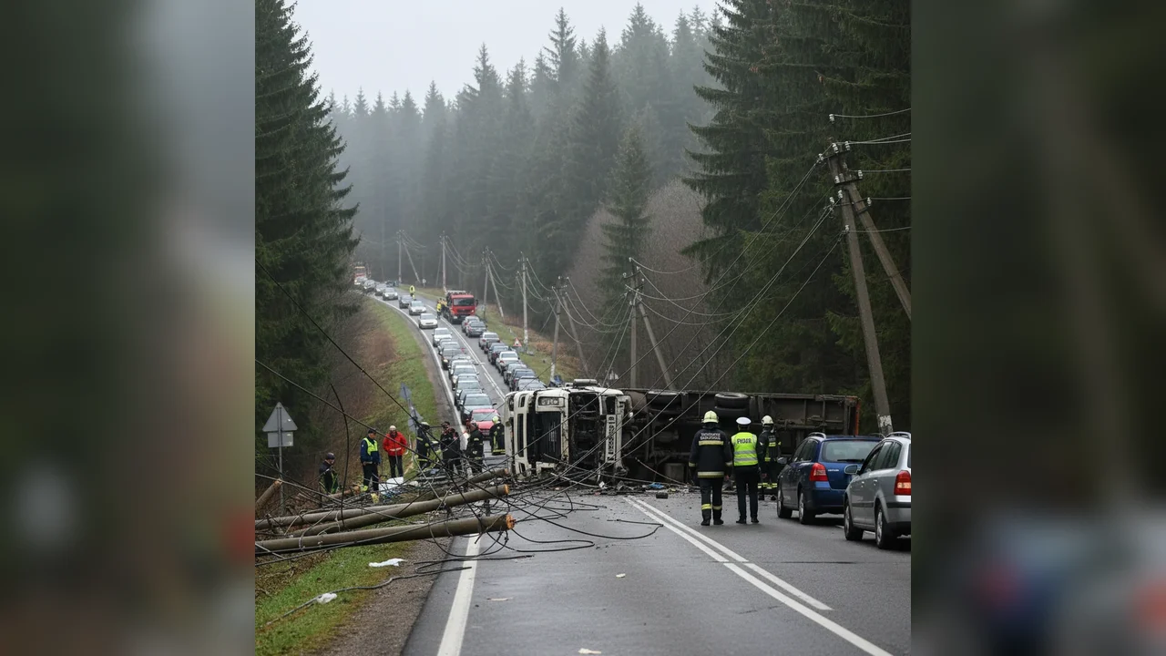 Accident rutier la Tulgheș cu un camion, circulație oprită după prăbușirea cablurilor electrice pe șosea