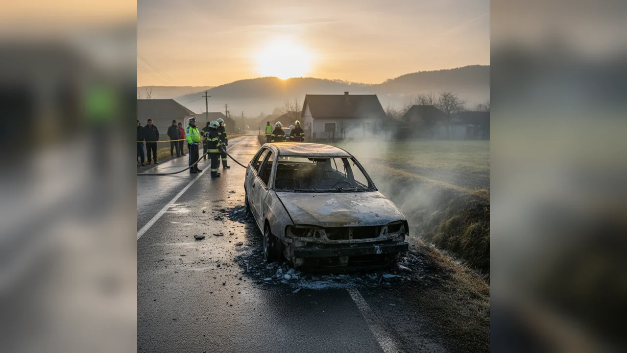 autoturism incendiat după un accident grav