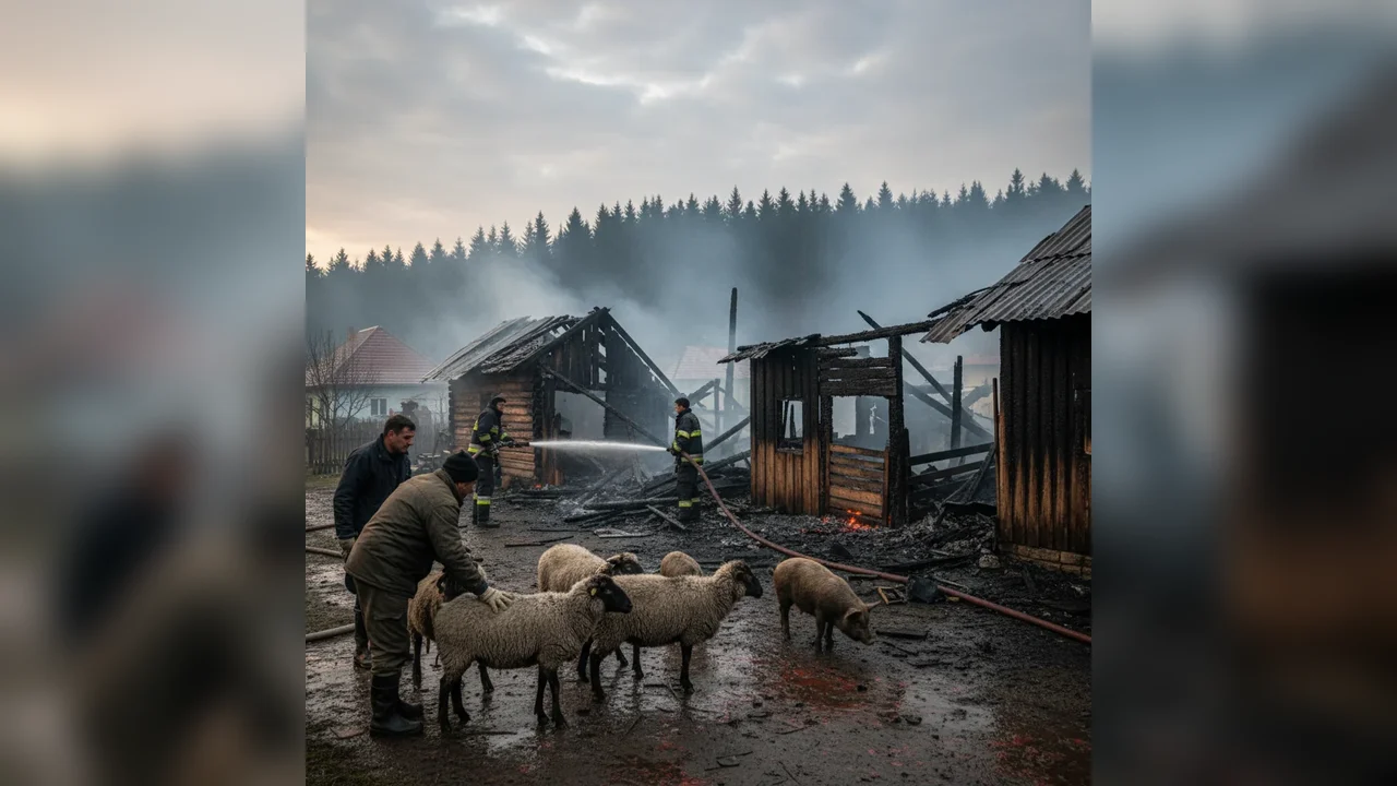două anexe de gospodărie distruse, cu animale prinse înăuntru