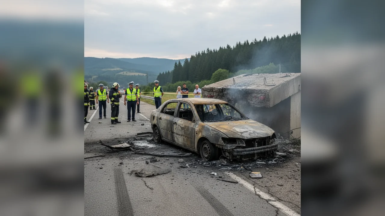Mașină distrusă complet după coliziunea cu o platformă de beton (video)