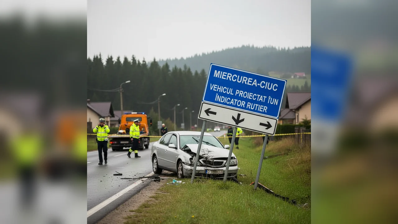 Vehicul lovit de un indicator rutier
