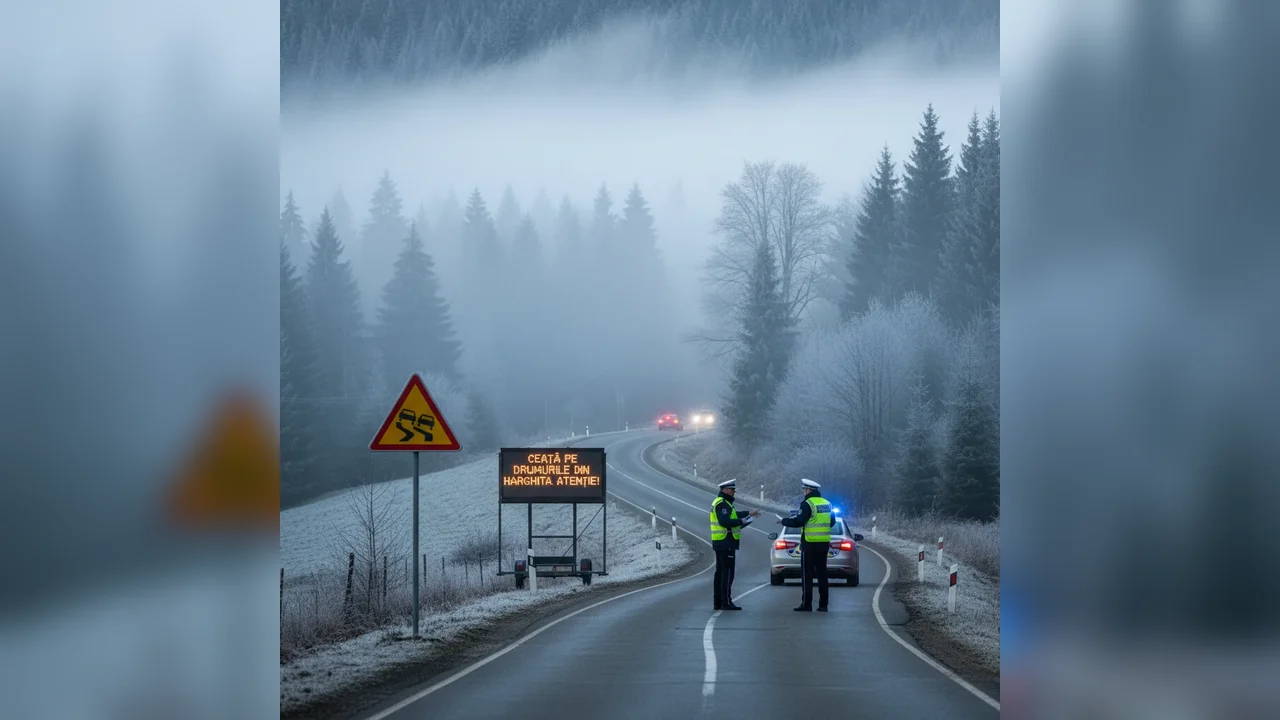 Vizibilitate redusă din cauza ceții în Miercurea Ciuc și pe drumurile din Harghita: avertizare de la Poliția Română